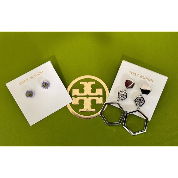 Tory Burch Earrings Set - Purple Studs & Hexagon Dangles - Stylish & Versatile J - Picture 1 of 7